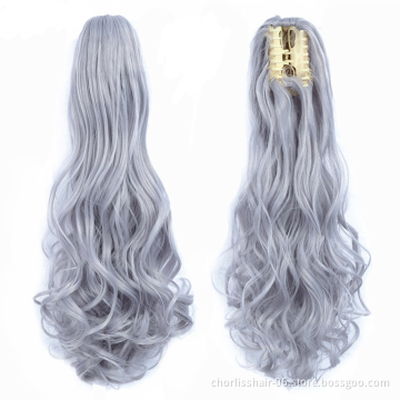Wholesale Grey Curl Natural Wave Claw-Clip Drawstring Ponytail Extension Hairpiece Synthetic Hair Ponytails For Women Girl